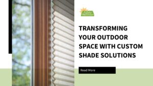A window with custom shade solutions and the business logo, blog title, and read more option.